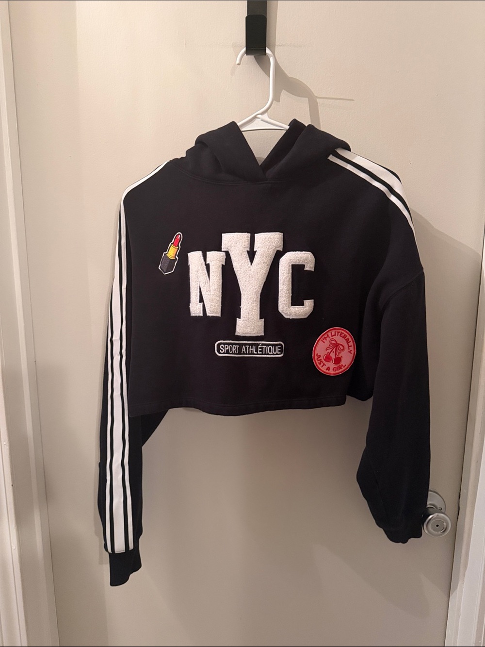 Black Cropped NYC Hoodie Sweater with Athletic Stripe Detail